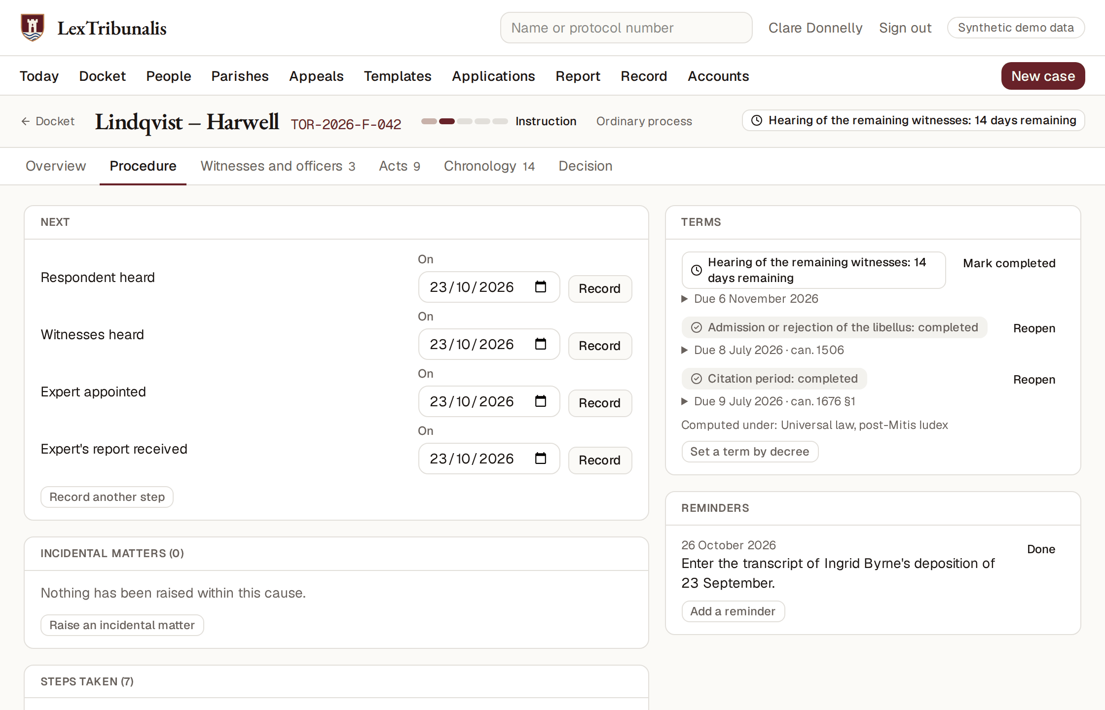 The procedure page of a cause: the next steps, the steps taken, the time limits and a reminder