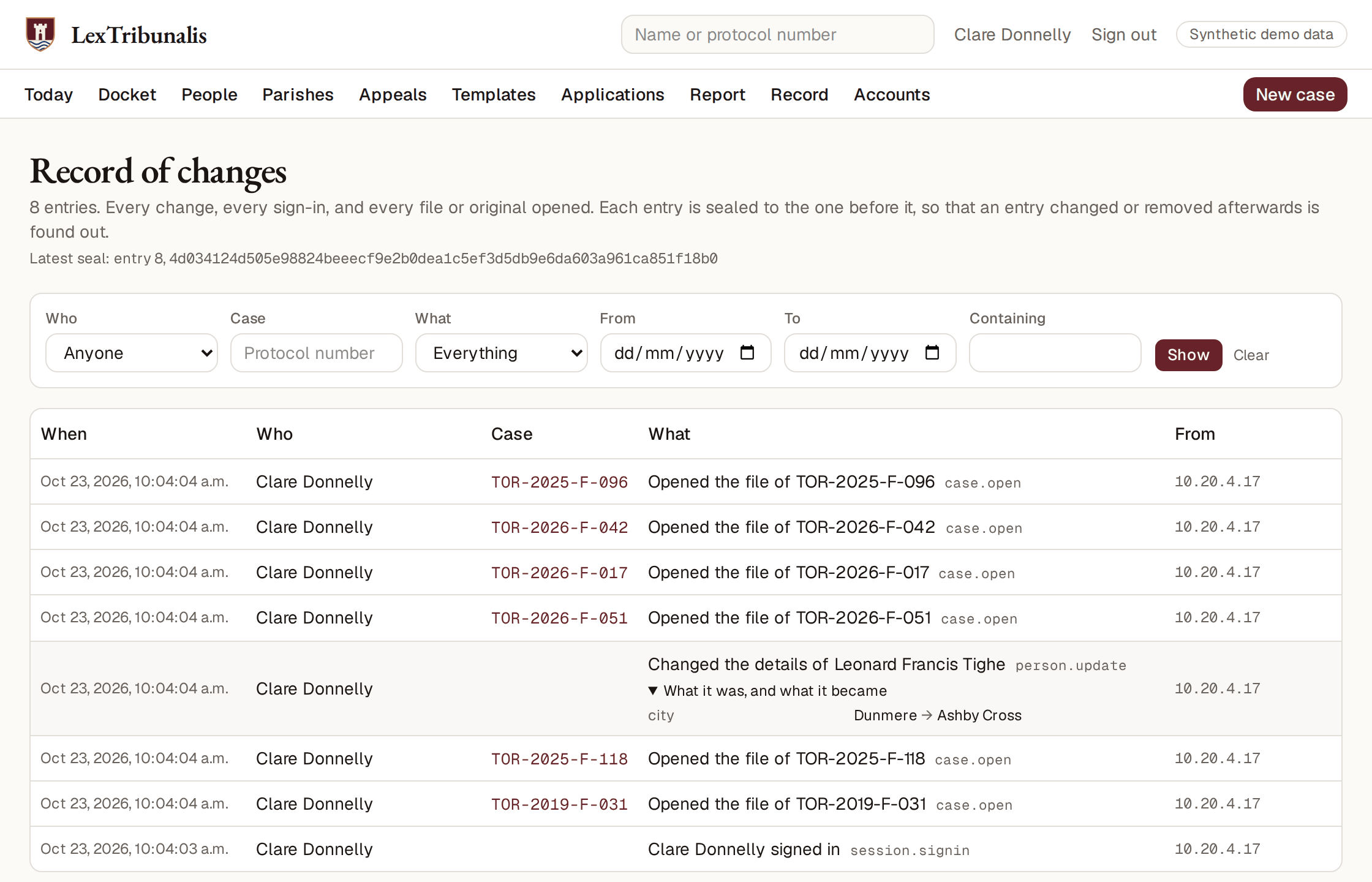 The record of changes, with one entry opened to show what a field was and what it became