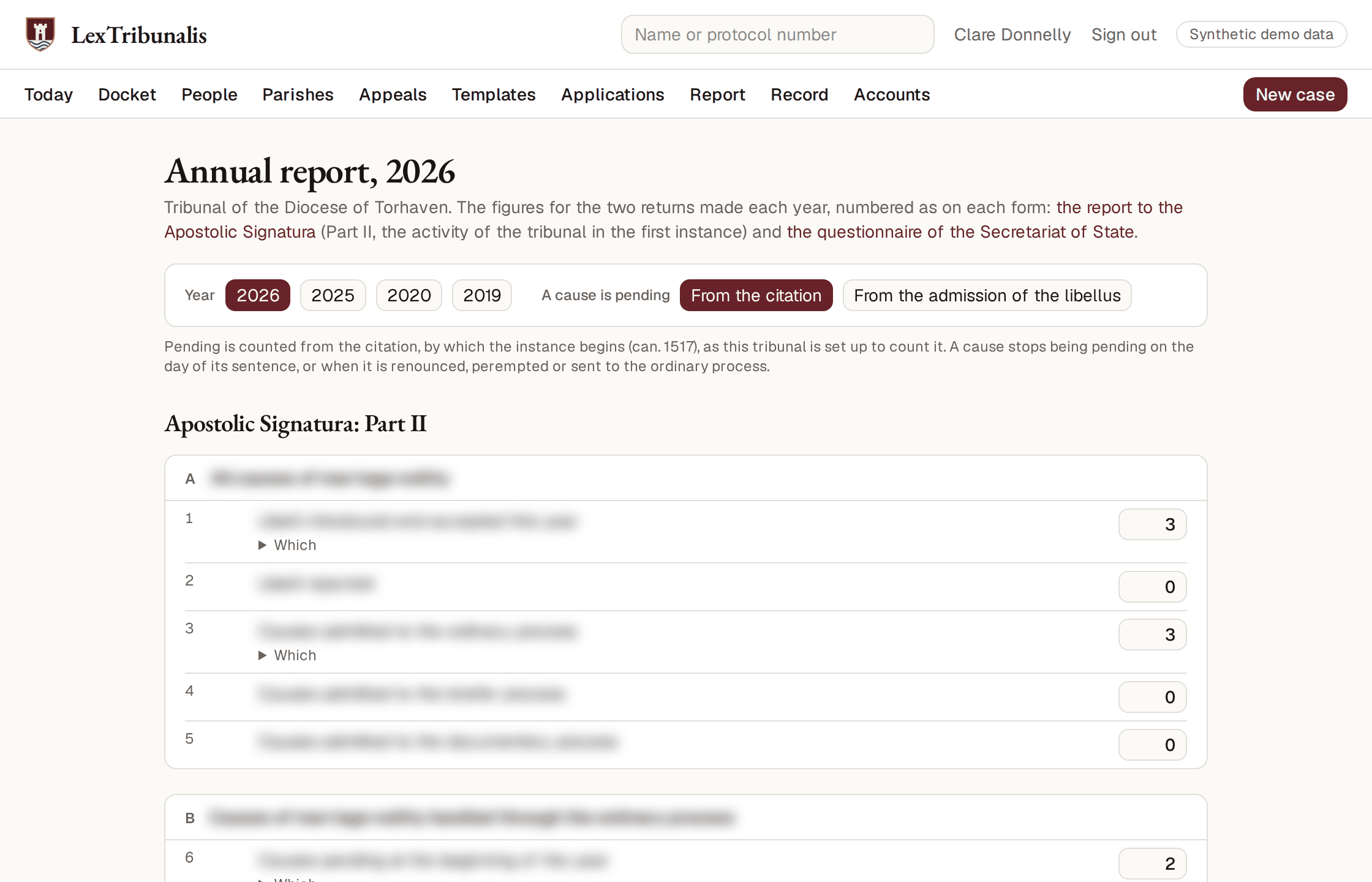 The annual report page: numbered lines, each with its figure and a way to see the causes behind it; the wording of the lines is blurred