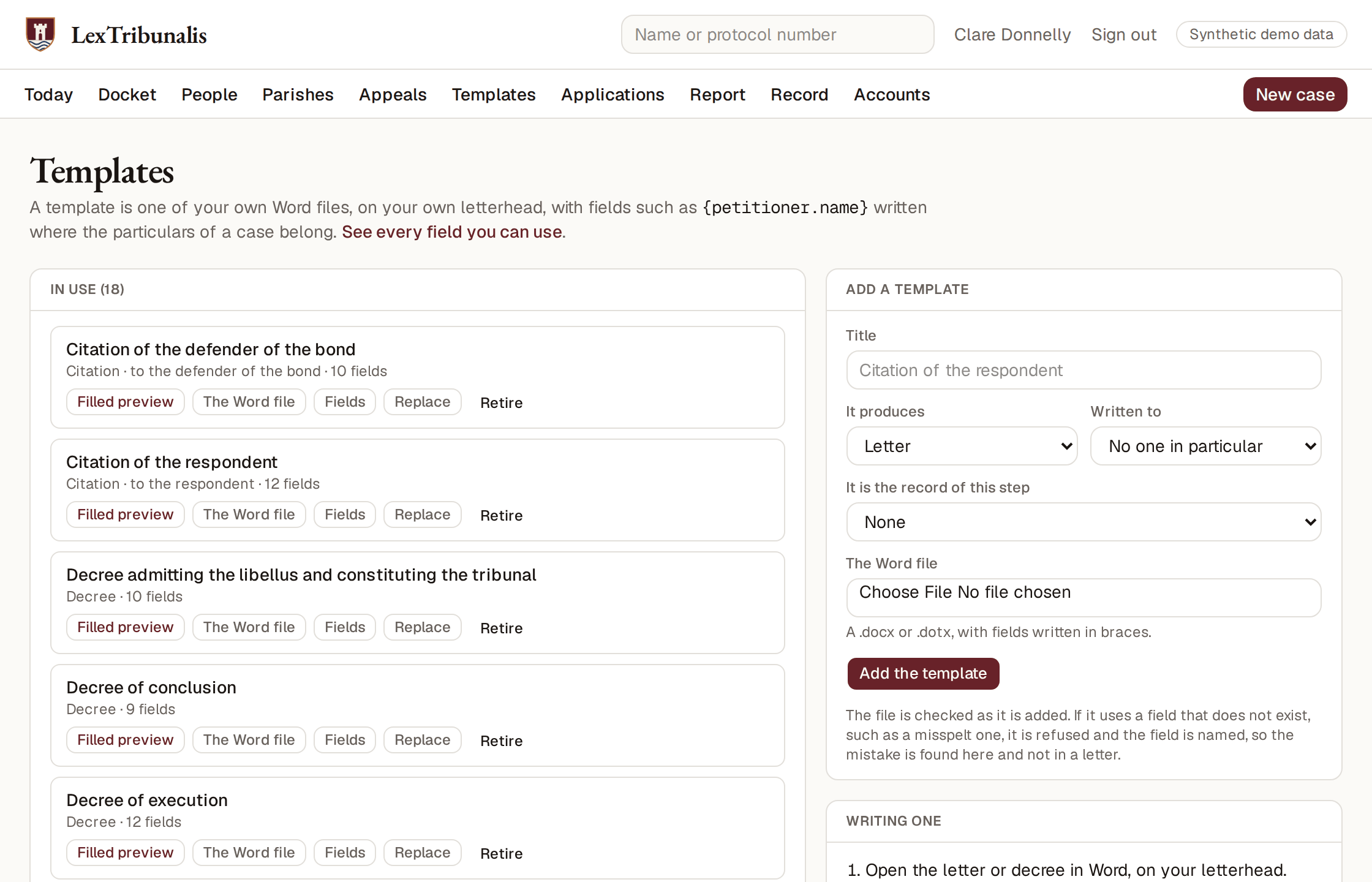 The templates page: a list of templates in use, and a form for adding one